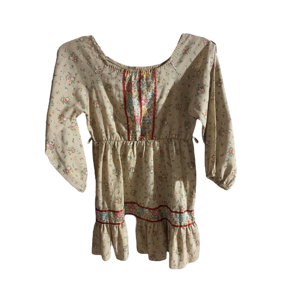 Vintage 1970's Boho Mini Prairie Dress Tunic Top Cream Floral Print Sz xs /child - Picture 5 of 14